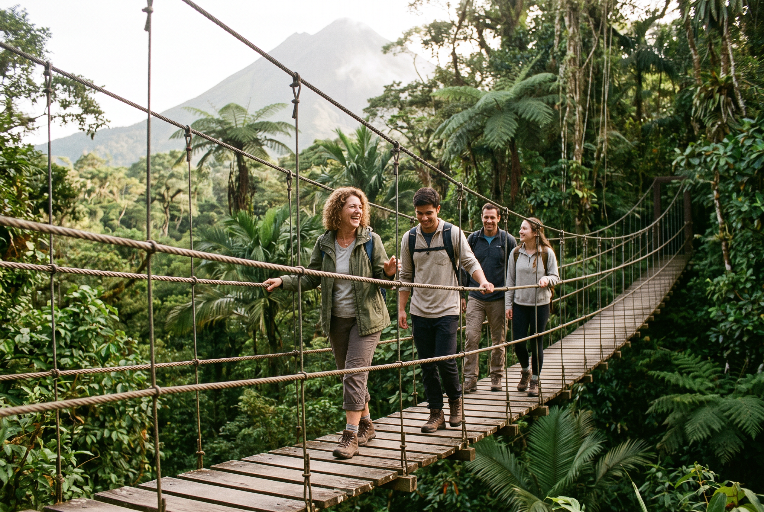 Happy travelers crossing a hanging bridge with Arenal Volcano in the background
